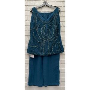 Sequin Beaded Two Piece Set V-Neck Top and Wide Leg Pants Periwinkle Blue